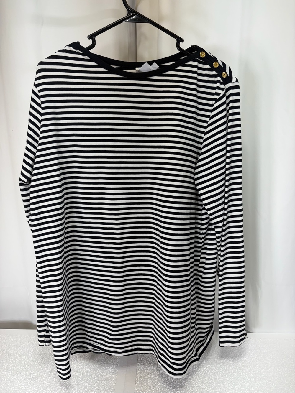 DG2 by Diane Gilman Black & White Striped Long Sleeve Top with Gold Buttons 3860